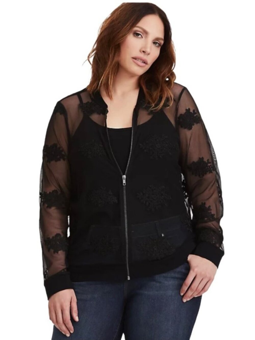 Torrid Sheer Mesh Bomber Jacket Plus Sz 1X Black Floral Embroidered Whimsigoth